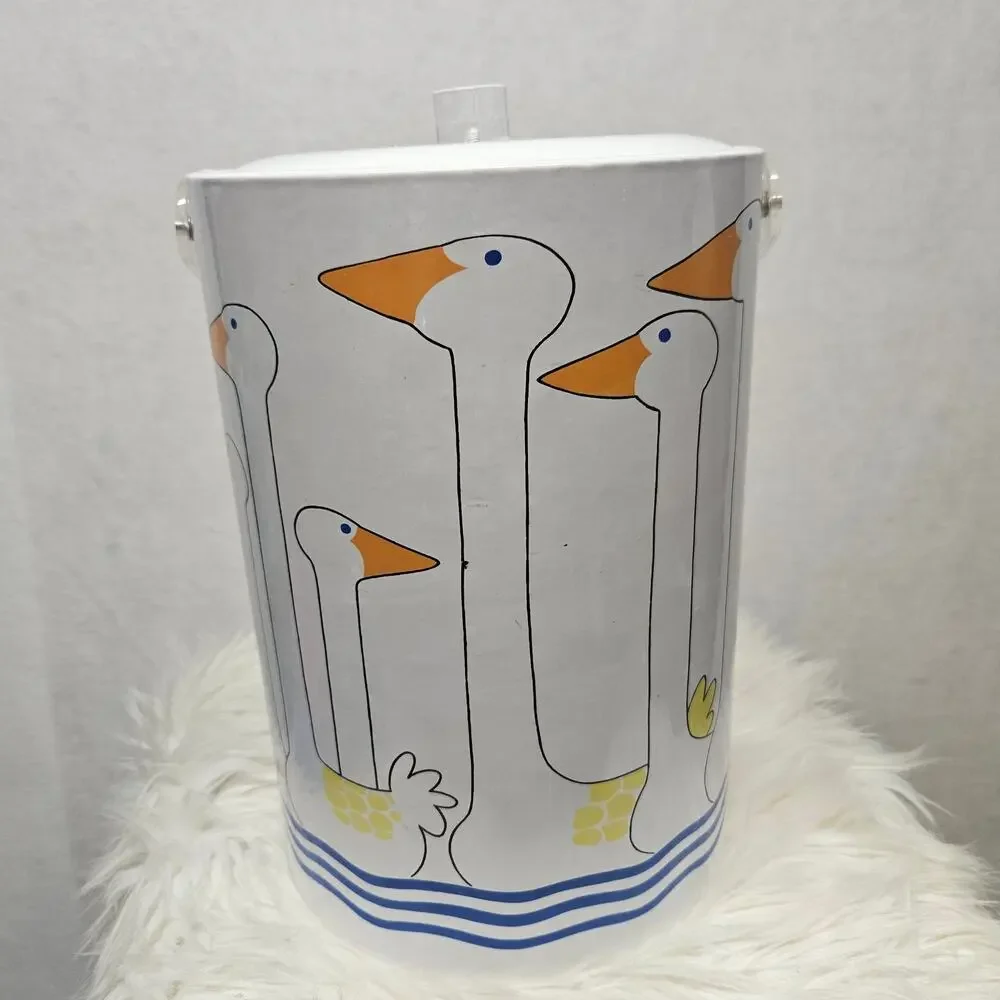 Vintage 1980s Country Geese Ice Bucket Canister White Blue Stripes